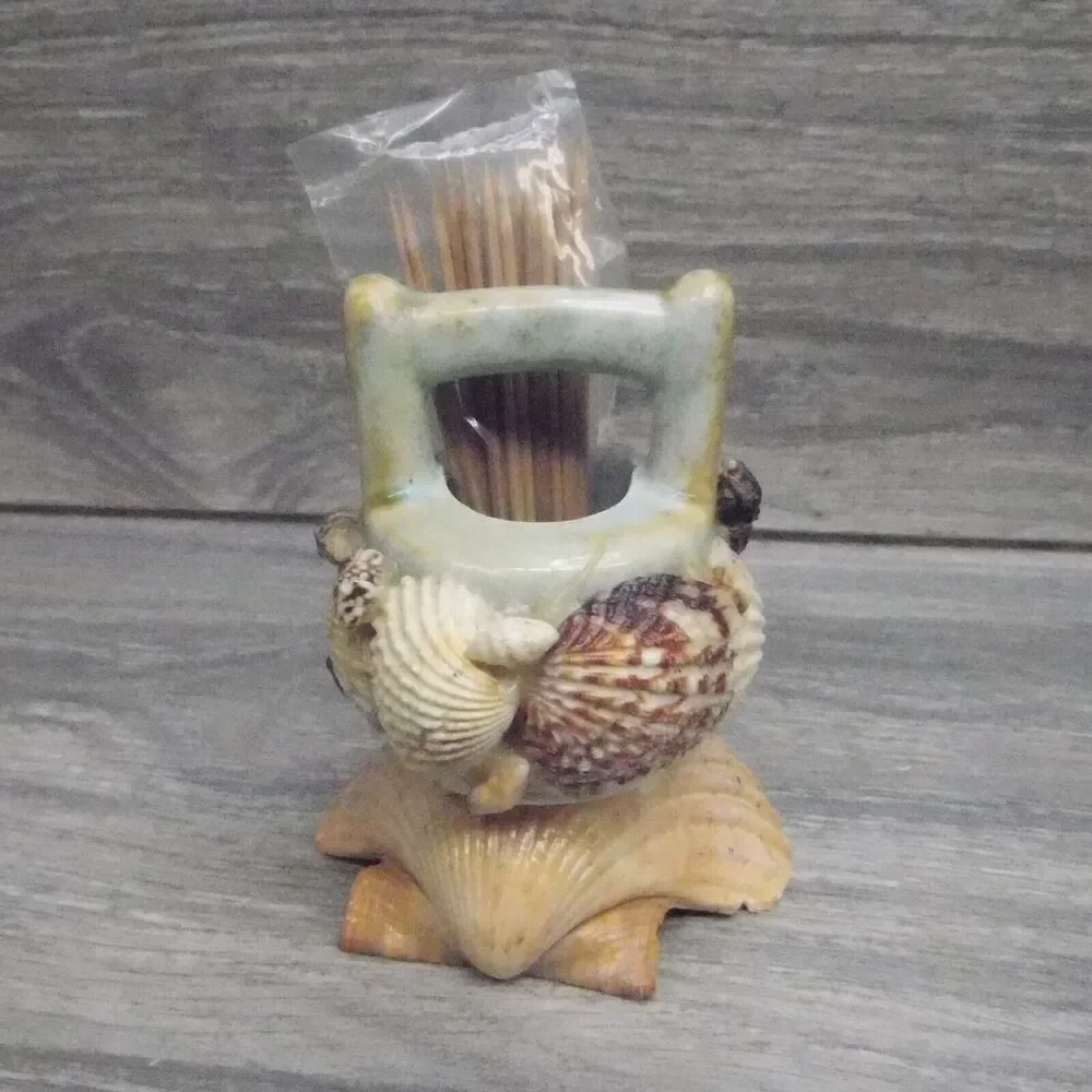 Nautical Coastal Kitchen Decor Seashell Toothpick Holder Basket Wishing Well